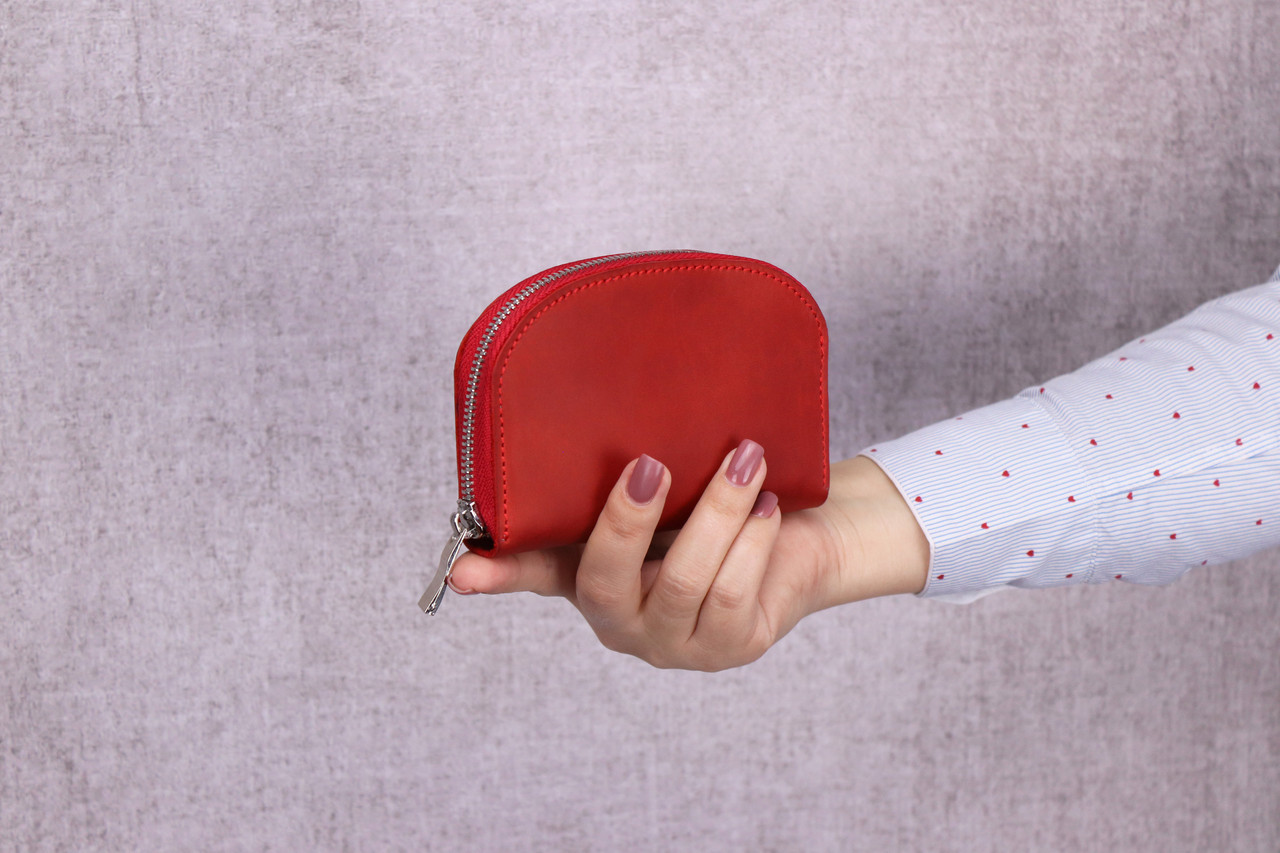 Жіночий маленький шкіряний гаманець на металевій блискавці для готівки та карток/ Червоний