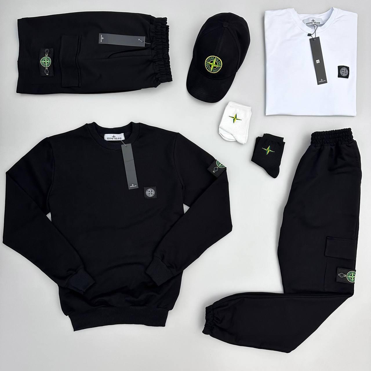 Чоловічий спортивний костюм Stone Island Костюм + Футболка + Шорти + Кепка чорний з білим Стон Айленд