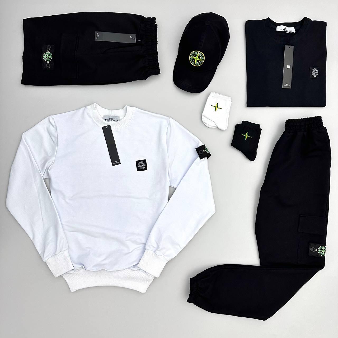 Чоловічий спортивний костюм Stone Island Костюм + Футболка + Шорти + Кепка білий із чорним Стон Айленд