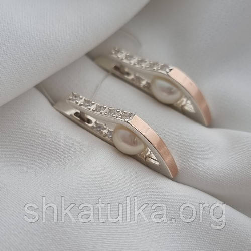 Срібні сережки із золотими напайками цирконами та перлами, фото 1