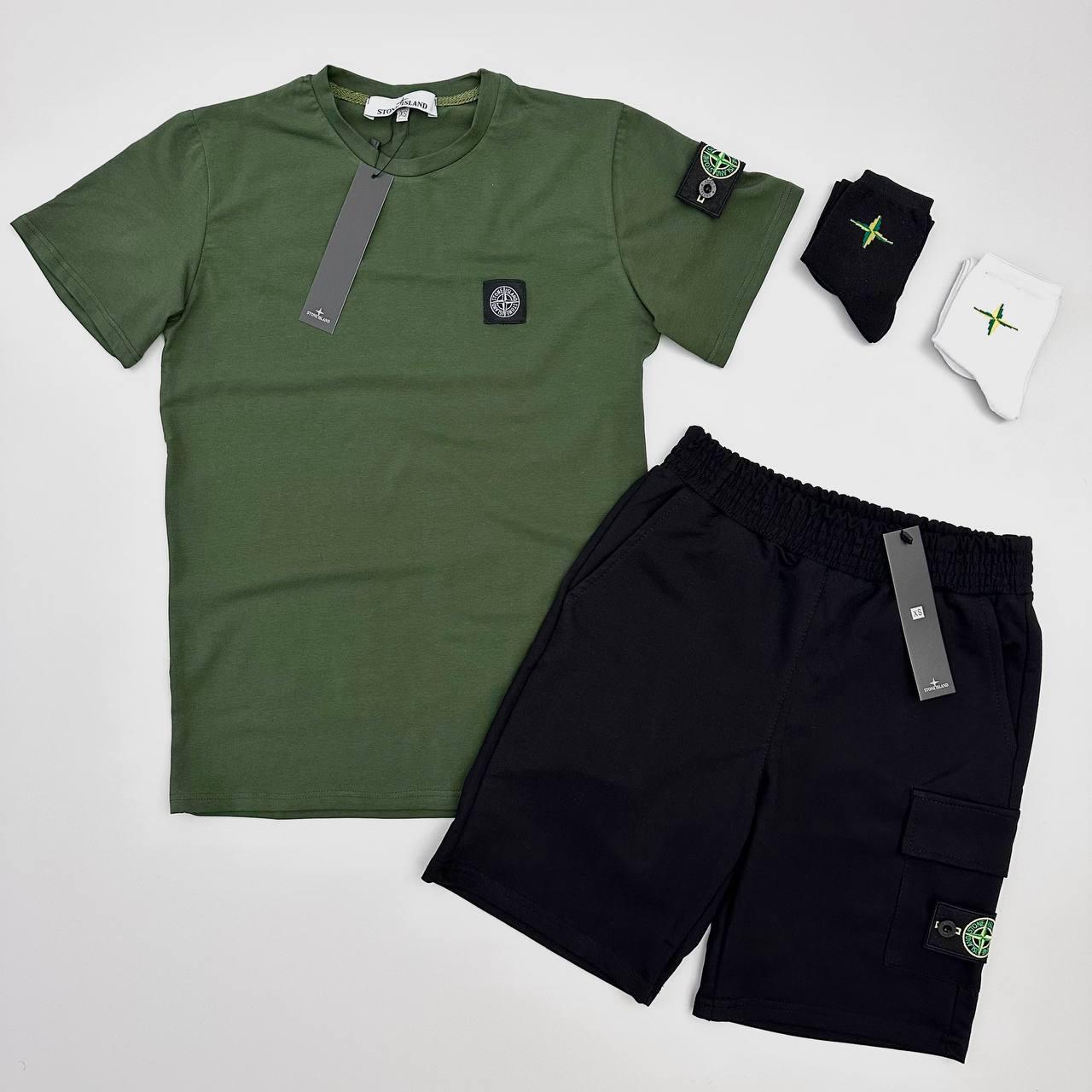 Чоловічий літній костюм Футболка + Шорти + Шкарпетки в подарунок Stone Island хакі з патчем Стон Айленд