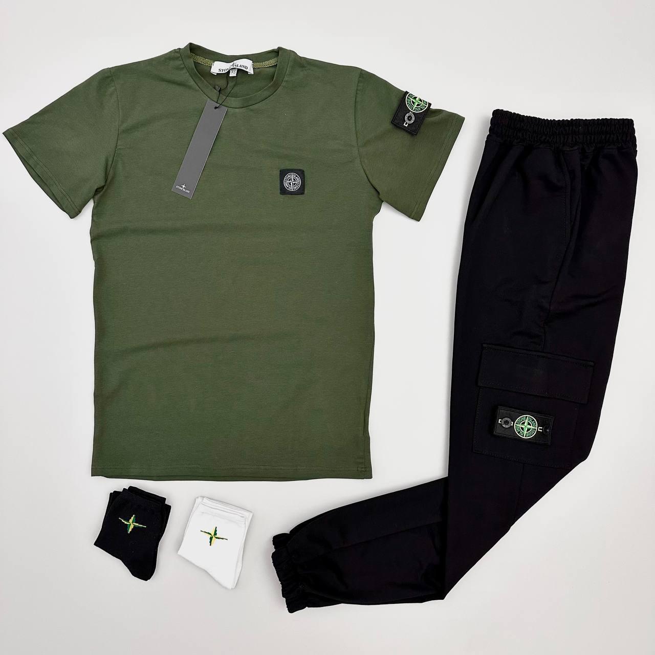 Чоловічий літній костюм Футболка + Штани + Шкарпетки в подарунок Stone Island хакі з патчем Стон Айленд