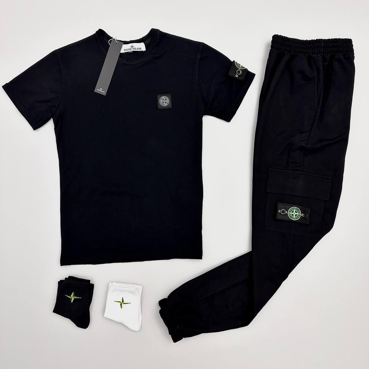 Чоловічий літній костюм Футболка + Штани + Шкарпетки в подарунок Stone Island чорний із патчем Стон Айленд