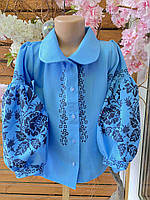 Блузка для дівчинки шита 6-7 років для вишивання. Габардин блакитний