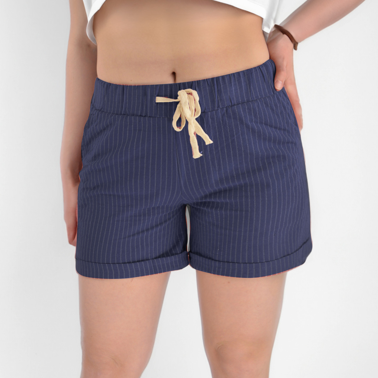 Шорти жіночі бавовняні з підворотом Шорти літні в вертикальну смужку Батал 6XL-10XL Синій колір