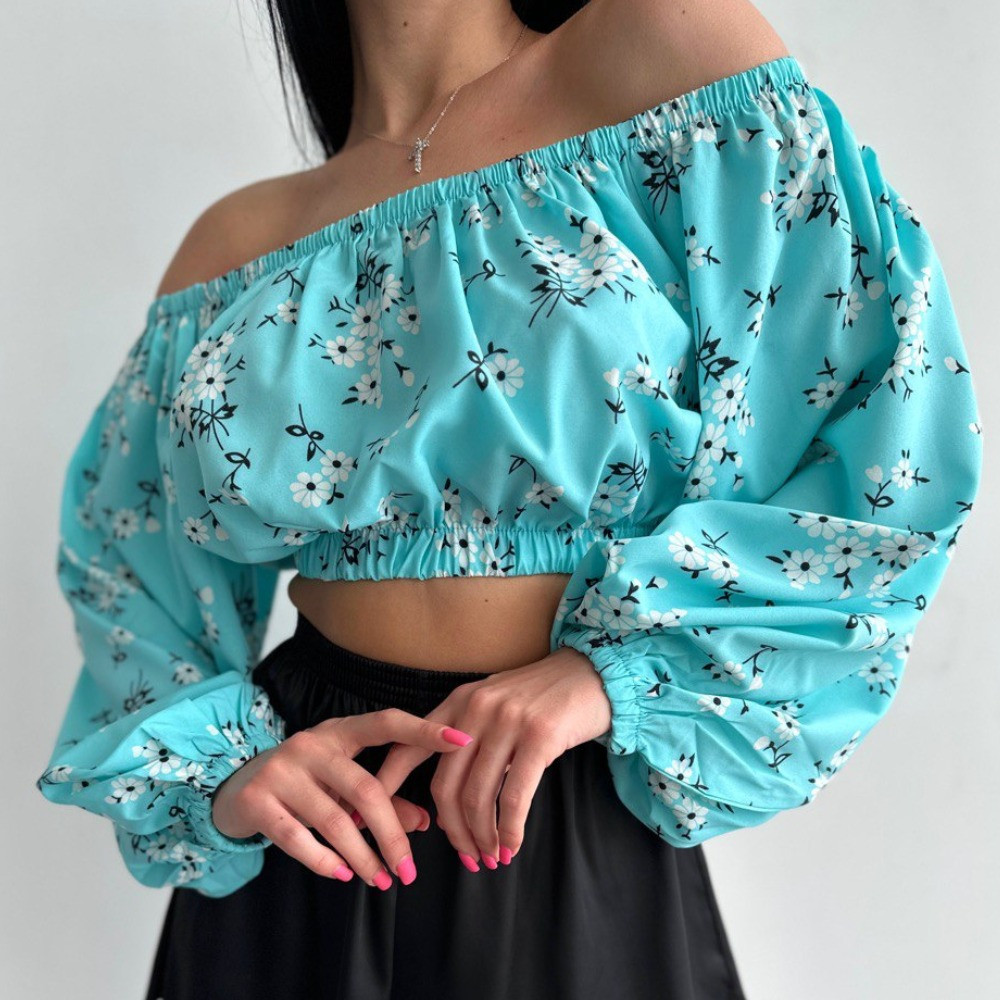 Жіноча блуза із софту з відкритими плечима та широкими рукавами, фото 1