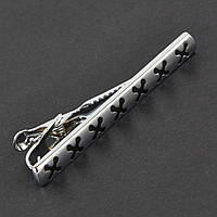 Зажим для галстука классический мужской серебристый с чёрными узорами эмаль Stainless Steel длинна 60 мм