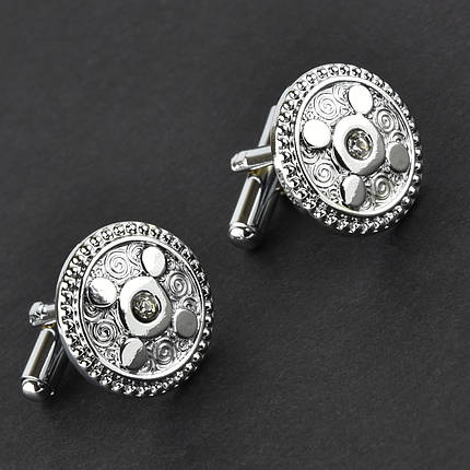 Запонки на рубашку классические мужские серебристые узор с кристаллом от Stainless-steel круглые 17 мм, фото 1