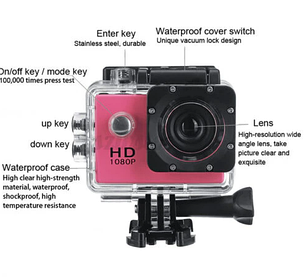 Водонепроникна спортивна камера екшн Sport Cam A7 Full HD 1080P, рожева, фото 3