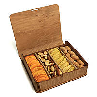 Орехи и сухофрукты без сахара с персиком, грушей, пеканом и бразильским орехом деревянная книга mini 750 грамм