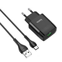 Сетевое зарядное устройство Hoco C72Q Glorious QC3.0 single USB 3A 18W with Type-C cable Black