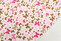 Хлопковая ткань "Бабочки" малиново-розовые и коричневые на белом фоне № 778