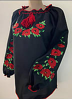 Женская вышиванка Мак Лариса батал, черная блузка, с маками, длинный рукав 56