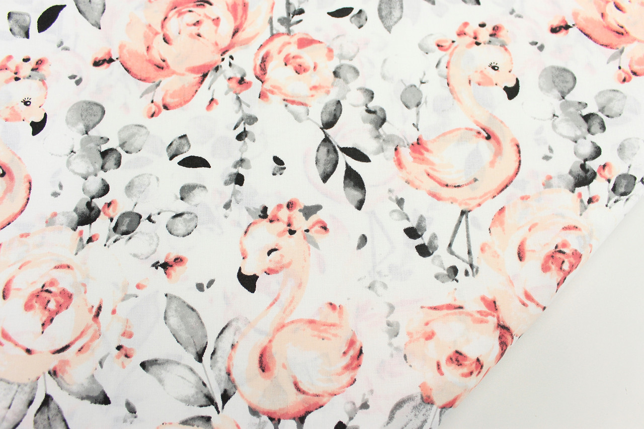 Тканина бязь "Фламінго в трояндах" на білому тлі № 1242, фото 1