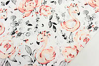 Ткань бязь "Фламинго в розах" на белом фоне № 1242