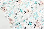 Тканина бавовняна "Звірята" м'ятно-пудрових і сірих кольорів білому тлі No1627, фото 3