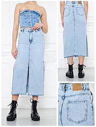 Жіноча джинсова блакитна спідниця з розрізом по центру та з боків у 26 розмірі