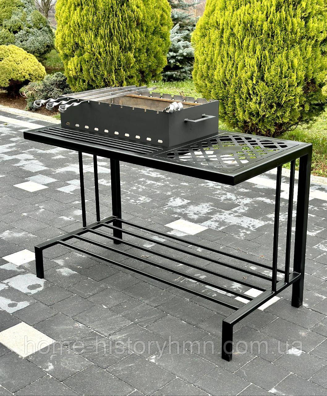Мангал на 9 шампурів з боковим столиком та місцем під дрова, фото 1
