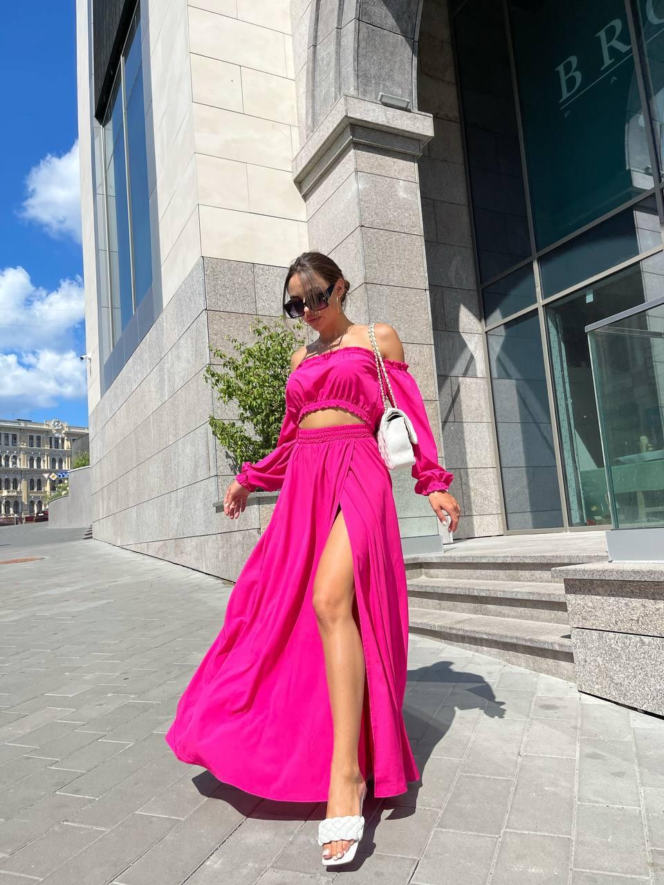 Літній жіночий костюм топ з відкритими плечима та спідниця максі з глибоким розрізом софт Kan1654