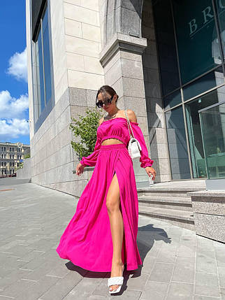 Літній жіночий костюм топ з відкритими плечима та спідниця максі з глибоким розрізом софт Kan1654, фото 1