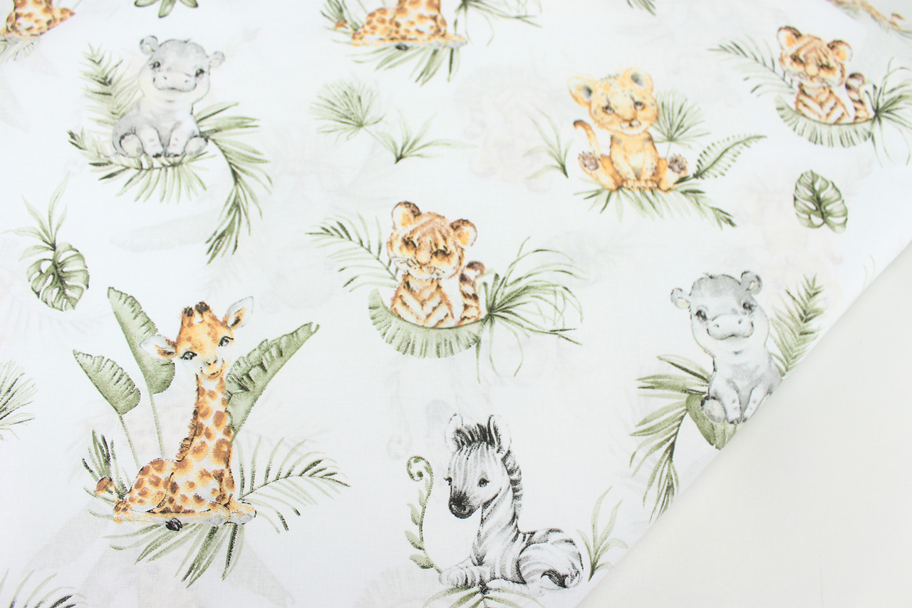 Тканина бязь "Звірята в листі пальми та монстери" на білому тлі № 1246, фото 1