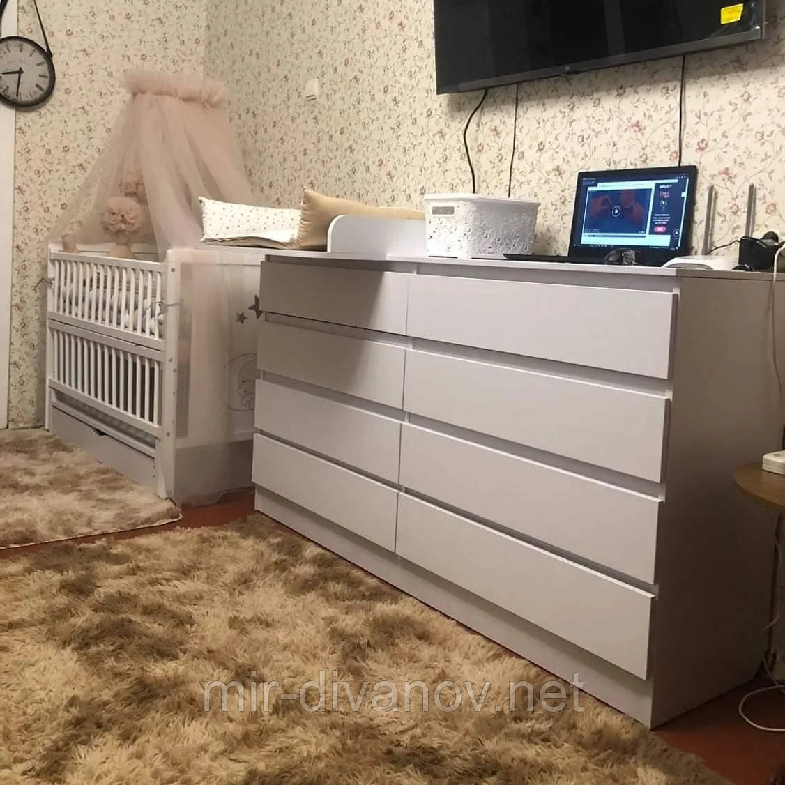 Білий сповивальний комод 8 Ящиків на телескопічних напрямних