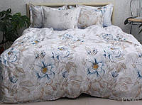 Роскошный комплект постельного белья из турецкого сатина бело-голубого цвета Цветы 3Д Семейный