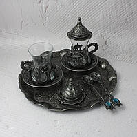 Турецкий набор #144 для подачи кофе Армуды на подносе Темное Серебро