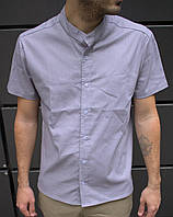 Мужская рубашка с коротким рукавом серая, льняная рубашка мужская серого цвета воротник стойка