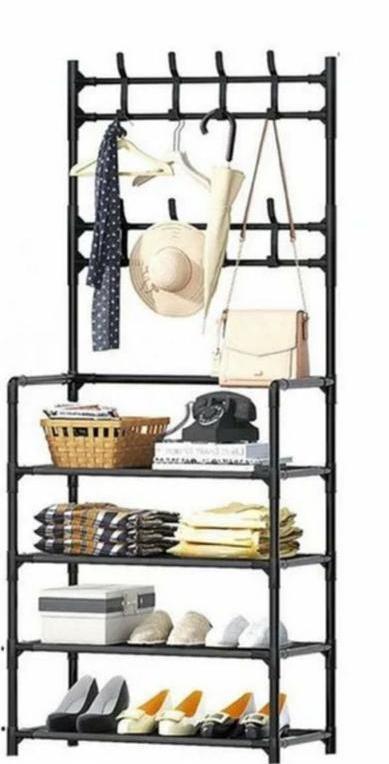 Вішалка для одягу в передпокій з полицями для взуття New simple floor clothes rack чорна EL0227