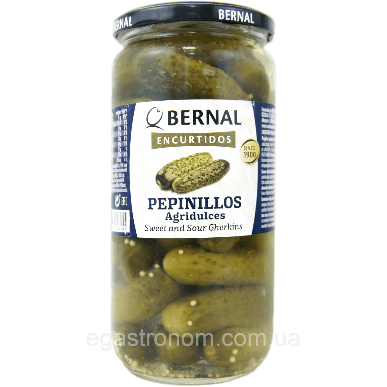 Огірки корнішони кисло-солодкі Бернал Bernal sweet and sour 400g 12шт/ящ (Код: 00-00014533), фото 1