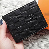 Кожаный мужской кошелек черный с тиснением-шахматкой, мужской бумажник натуральная кожа