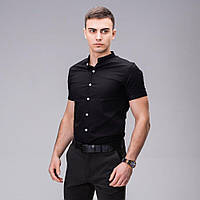 Мужская хлопковая рубашка c коротким рукавом черная Pobedov Solid