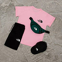 Комплект Футболка + Шорты + Кепка + Бананка мужской The North Face Костюм на лето Норт Фейс розовый-черный