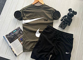 Шорти та футболка поло Nike кольору хакі зелена футболка чорні шорти (Літній чоловічий спортивний костюм)