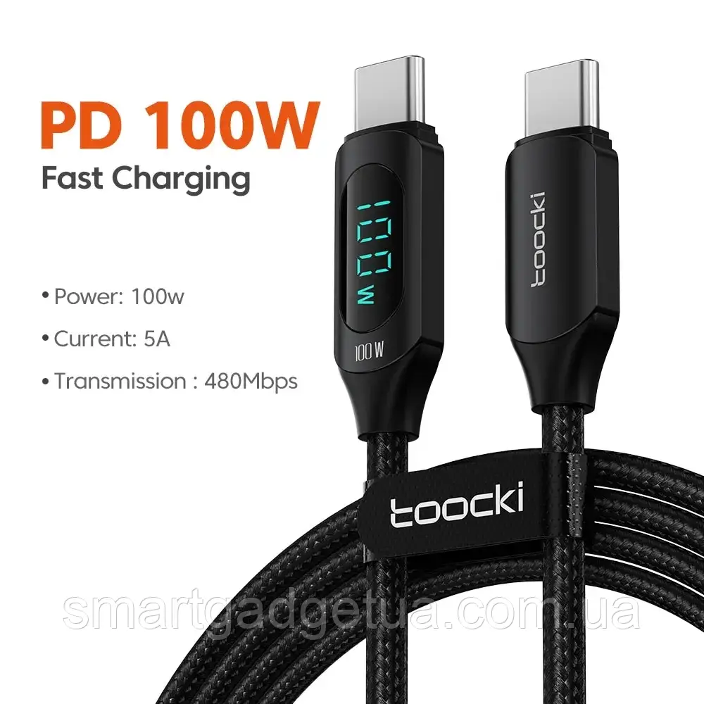 Кабель Toocki PD 100w Fast Charge Type-C to Type-C / 480Mbps / 1м / з дисплеєм Black