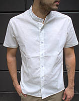 Мужская рубашка с коротким рукавом молочная, льняная рубашка мужская белого цвета воротник стойка