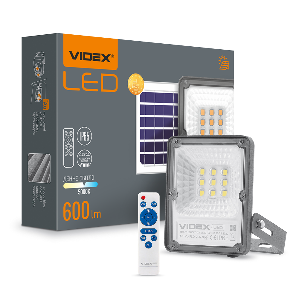 Прожектор LED автономний, сонячна панель VIDEX VL-FSO-205 20W 5000K