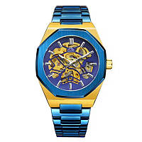 Мужские механические часы с автоподзаводом Gusto Skeleton Blue-Gold стрелочные наручные часы оригинальные