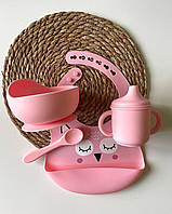 Детская силиконовая посуда для первого прикорма набор средний розовый сова