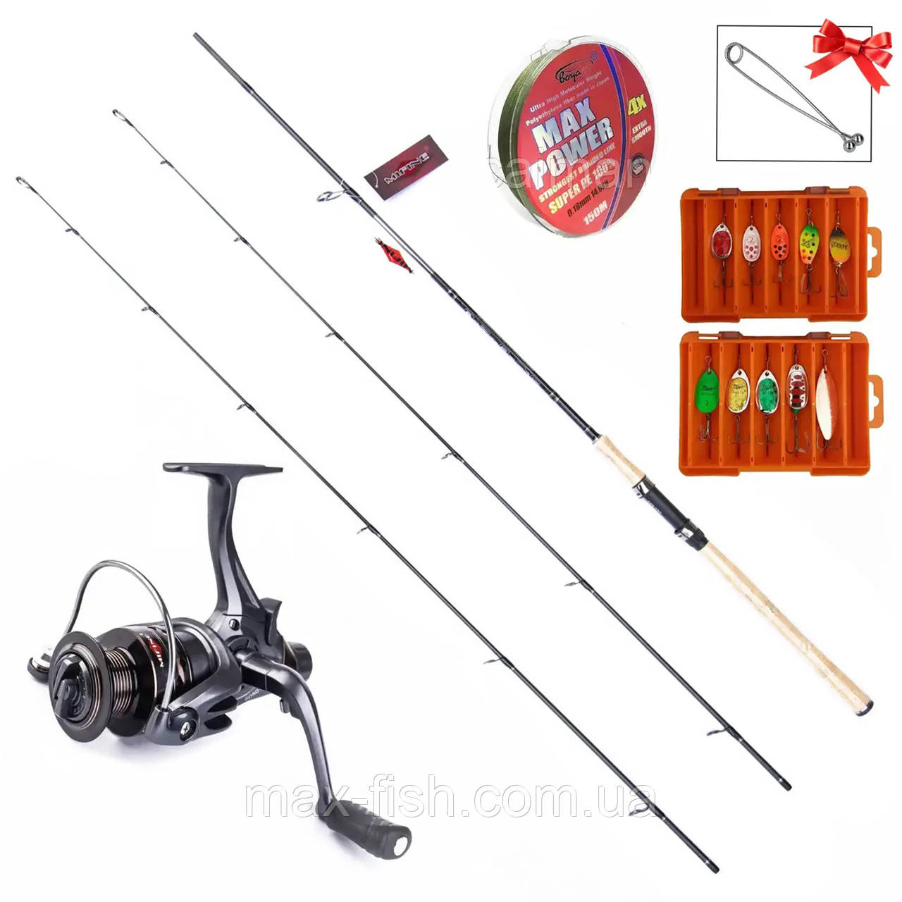 Набір спінінг у зборі на хижака Mifine Glorious Spin 2.10м Котушка Mifine ICARP Набір блешень Шнур 150м, фото 1