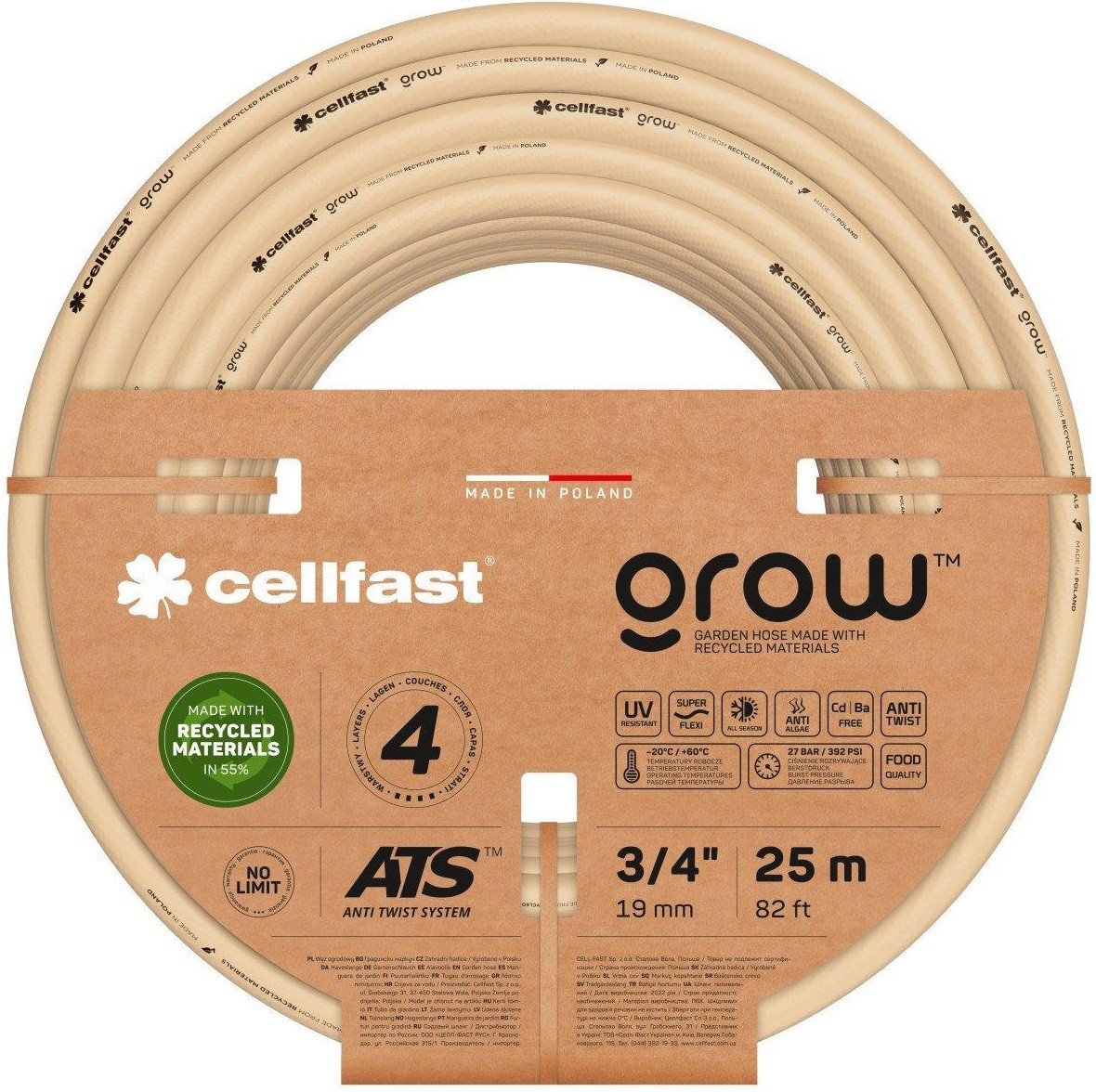 Cellfast Шланг садовий GROW 3/4" 25 м, 4 шарів, до 27 Бар, -20… 60°C (13-521)