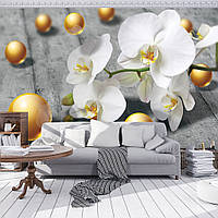 3д фото обои цветы 368х254 см Белые орхидеи и золотые шарики на сером фоне (3067P8)+клей