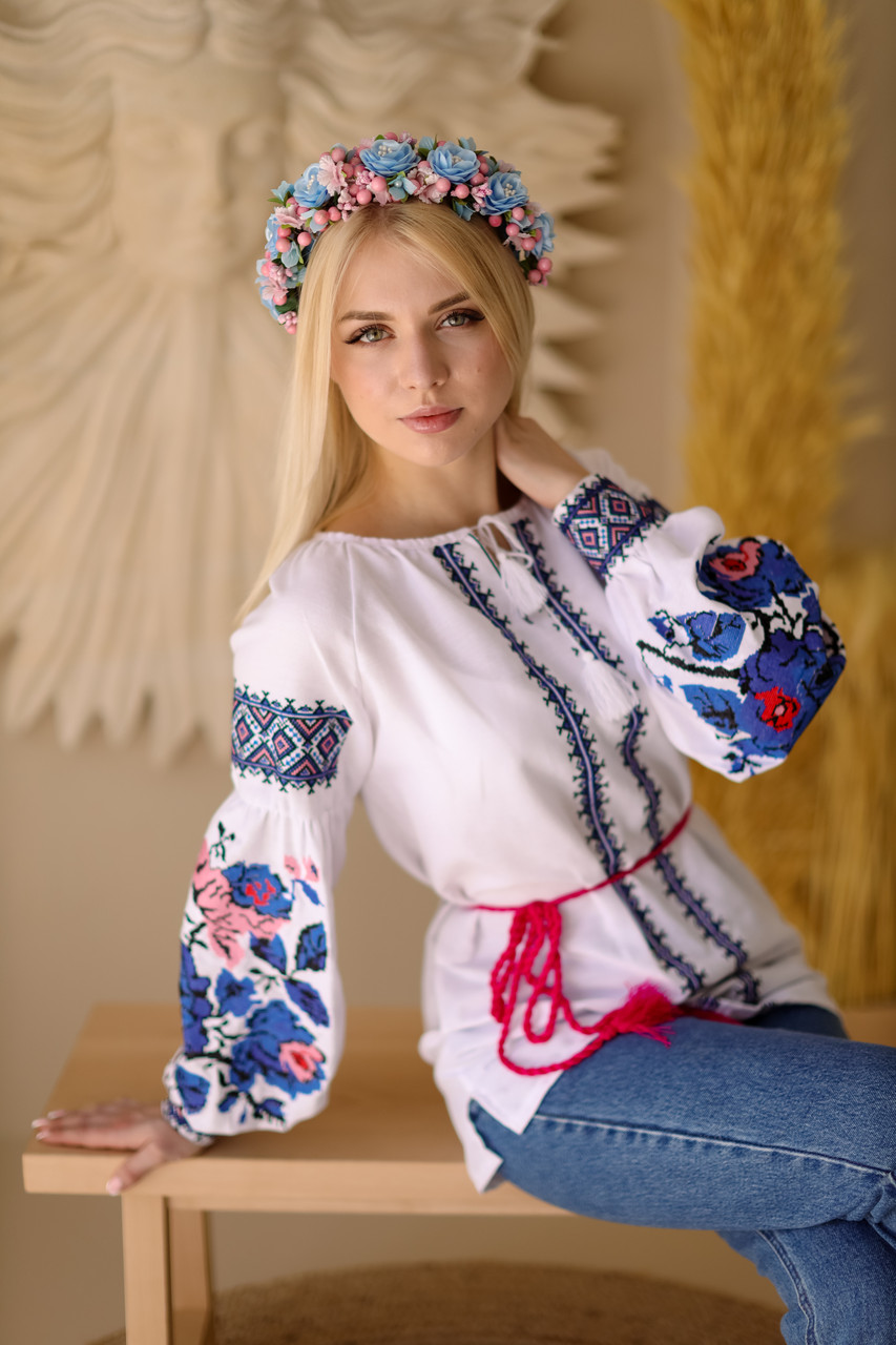 Вишиванка жіноча Живопис синьо-рожева, фото 1