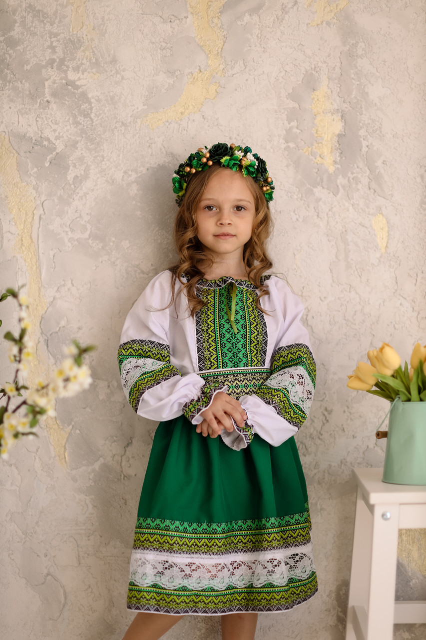 Етно-костюм для дівчинки Мавка зелений (спідничка,пояс,блузка)