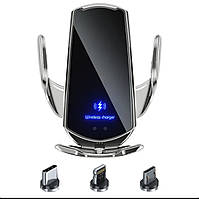 Тримач із бездротовою зарядкою для телефона + магнітна зарядка в автомобіль Smart Sensor Q3 срібло