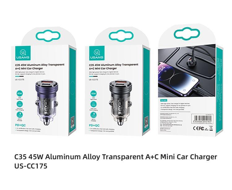 Швидка автозарядка в прикурювач Usams 45W Aluminum Alloy Transparent A+C Mini Car Charger