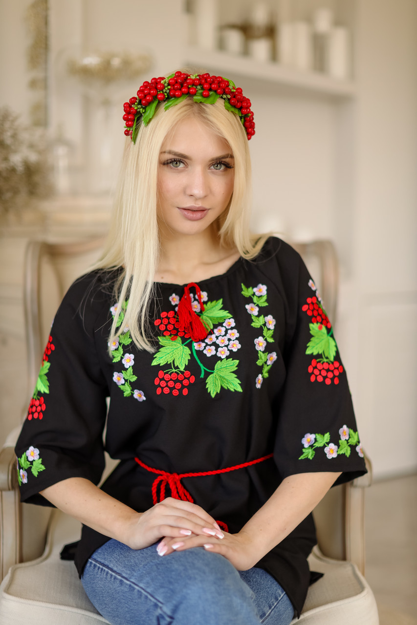 Вишиванка жіноча Калина шифон чорна, фото 1