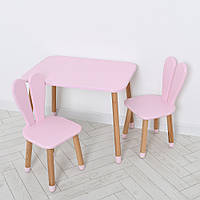 Дитячий дерев'яний комплект столик та два стільці зі спинками Зайчик Bambi 04-027R+1 Рожевий