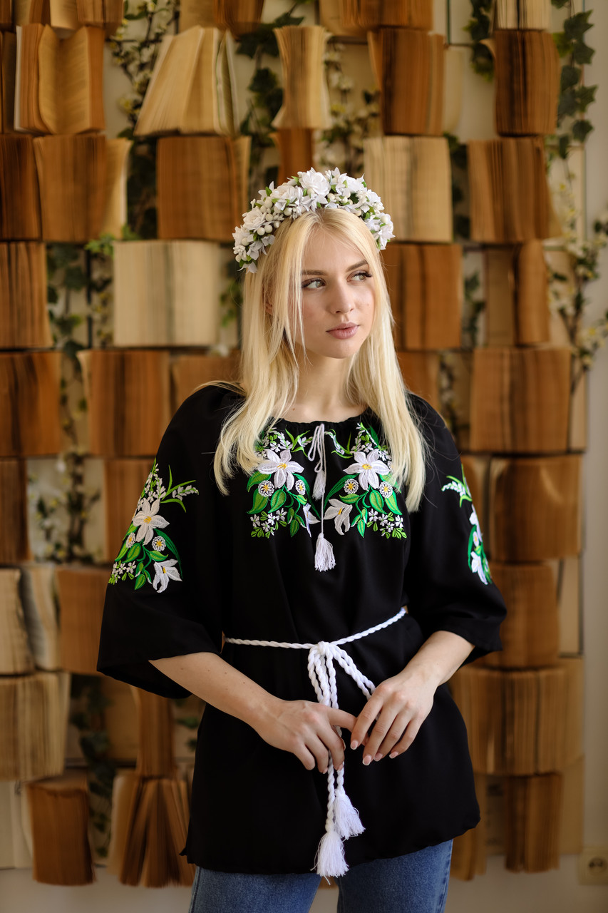 Вишиванка жіноча Орхідея шифон чорна, фото 1